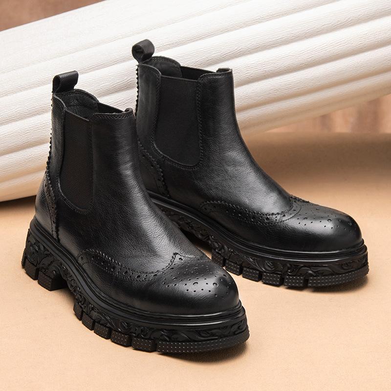 Chelsea Boots Men'S Boots Leather High-Top British Carved Brock National Style Short Boots Autumn And Winter Thick-Soled Cowhide Boots