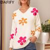 DAFIFY Женская мода повседневная осень-зима цветочный узор с принтом длинный рукав V-образный вырез свитера