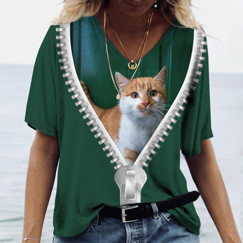 Футболка с 3D принтом кота, женские футболки большого размера с v-образным вырезом, топы, женские повседневные модные футболки с короткими рукавами, уличная одежда, женская одежда Y2k