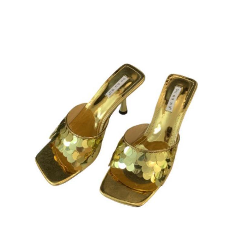 Мода 2025 Лето Горячие продажи Женские туфли на высоком каблуке с квадратным носком Модные и элегантные Универсальные серебристые женские шлепанцы для улицы