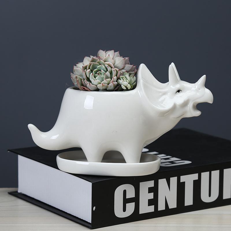 Creative Triangle Dinosaur Succulent Flower Pot Indoor Desktop White Ceramic Flower Pot With Tray