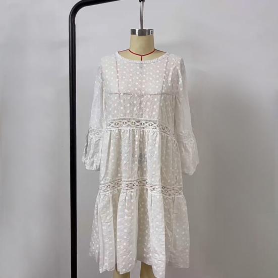 Женское платье, кружевное, с открытой вышивкой, с рукавами три четверти, однотонное, свободное, до колена, свободное, трапециевидное, с круглым вырезом, миди-платье