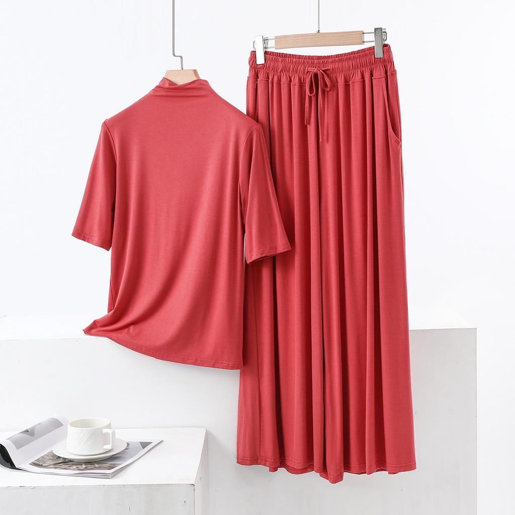 Модальная футболка с полувысоким воротником и рукавом пять четвертей и широкие брюки с карманами, повседневный двухпредметный комплект большого размера для женщин