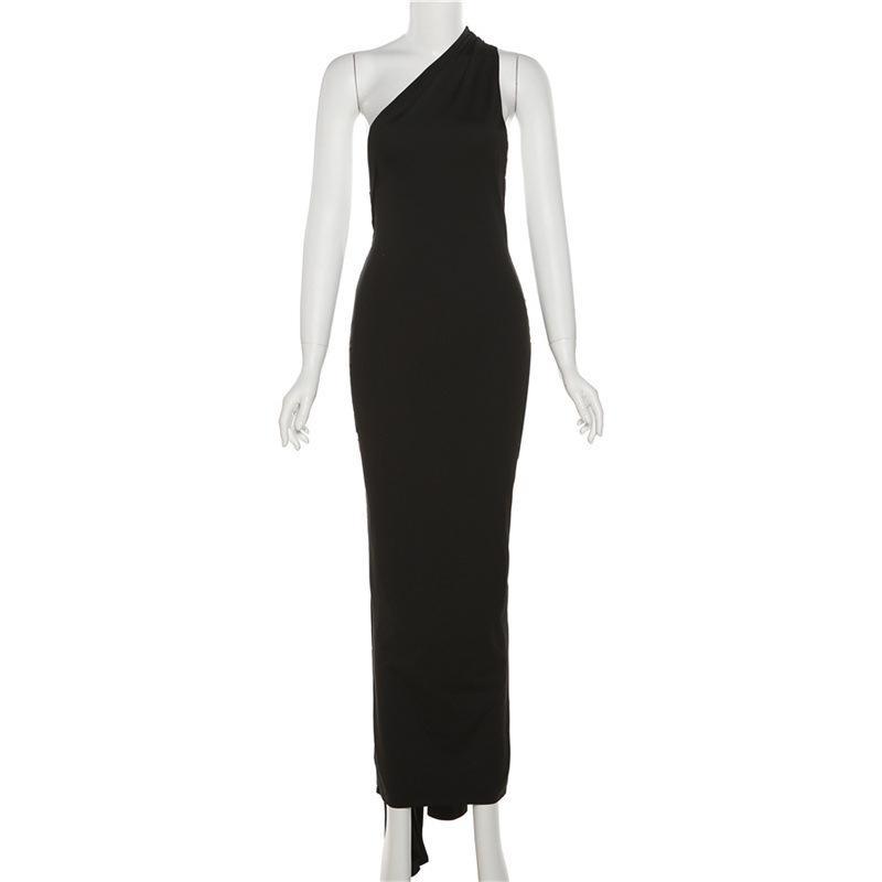 Женское платье макси без рукавов сбоку на одно плечо, сексуальные длинные платья с открытой спиной на бретельках для пляжной вечеринки, вечернего выпускного вечера, женская одежда, черное платье