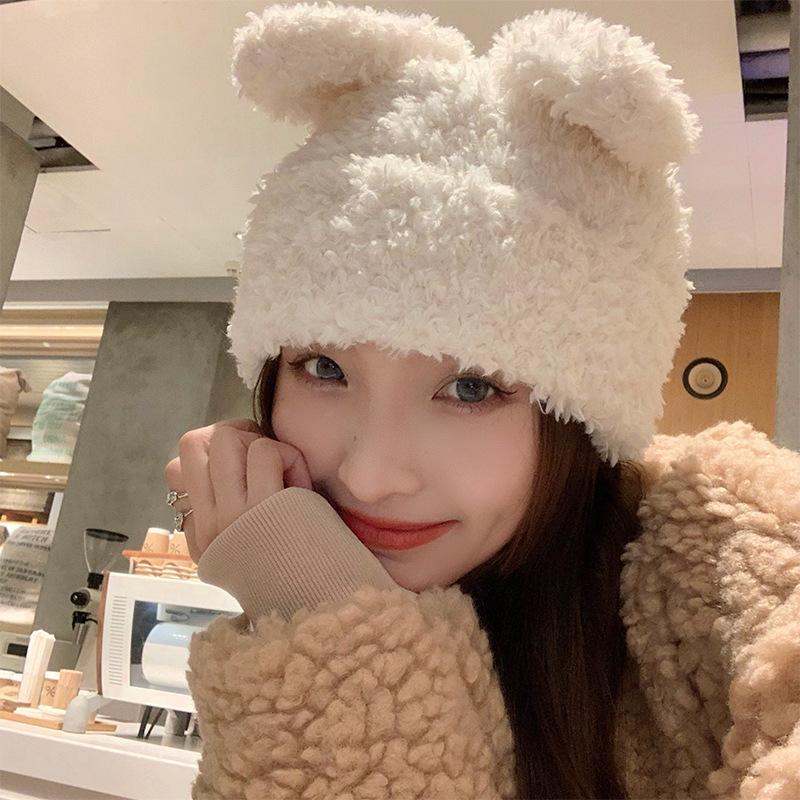 Rabbit ears plush hat female autumn and winter plush warm cute cartoon white face small bag head pullover hat