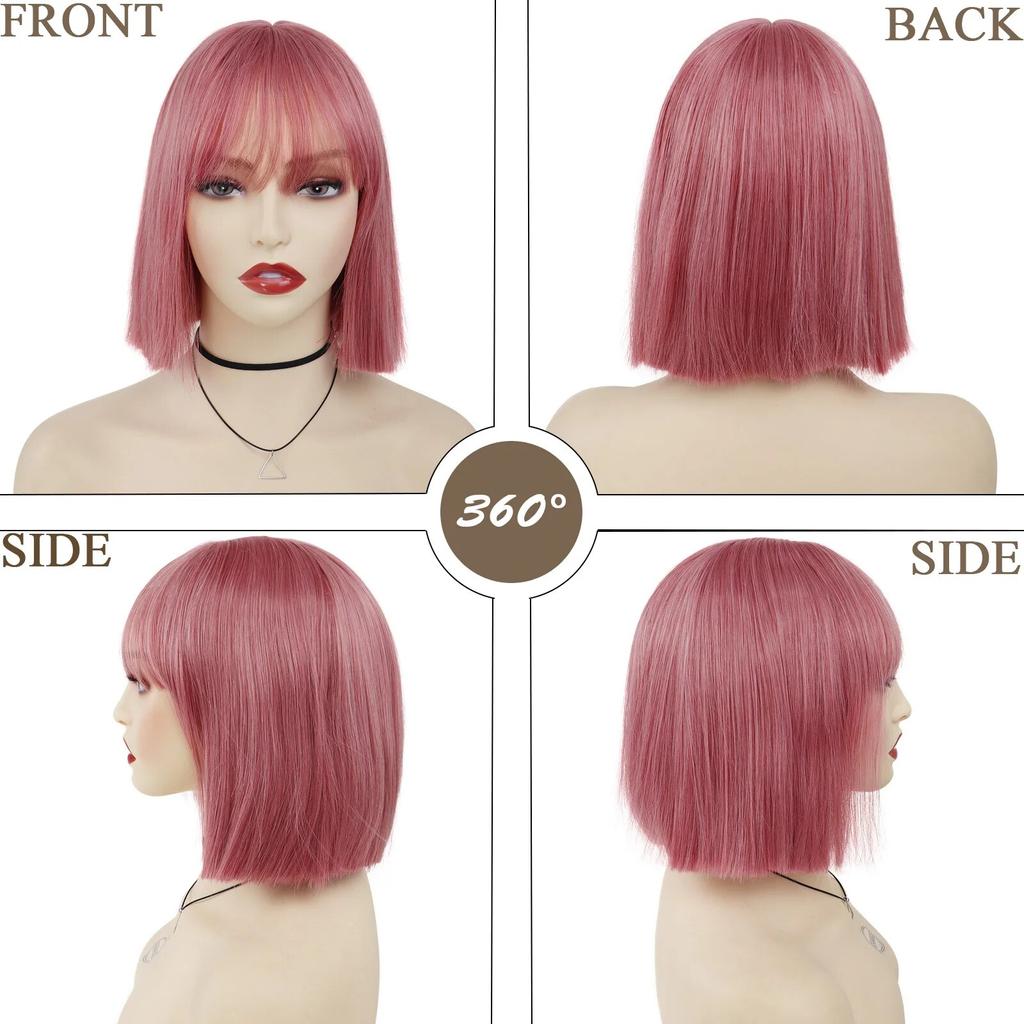 Короткий парик Боб Синтетические шелковистые прямые волосы с челкой для белых женщин Косплей Лолита Натуральный красивый розовый парик