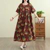 Summer Retro Cotton and Linen Round Neck Short Sleeved Dress, Women's Loose Skirt