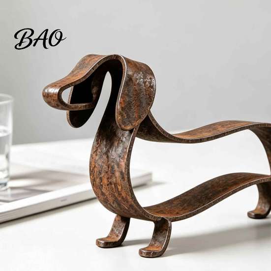 Wrought Iron Animal Decor Rustic Dachshund Metal Sculpture, Minimalist Line Art Dog Statue, Vintage Decorative Statues for Patio Wiener Tabletop