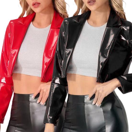 Glossy Faux Leather Women Cropped Coat Long Sleeve Solid Color Lapel Jacket Ladies Clubwear Cosplay Party Performance Festival Costume