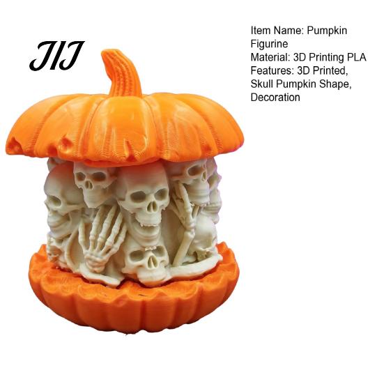 Skull Pumpkin Desktop Decoration 3D Printed Figurine, Gothic Skeleton Statue, Horror Decor Creepy Ornament for Home Office Holiday Party Caving
