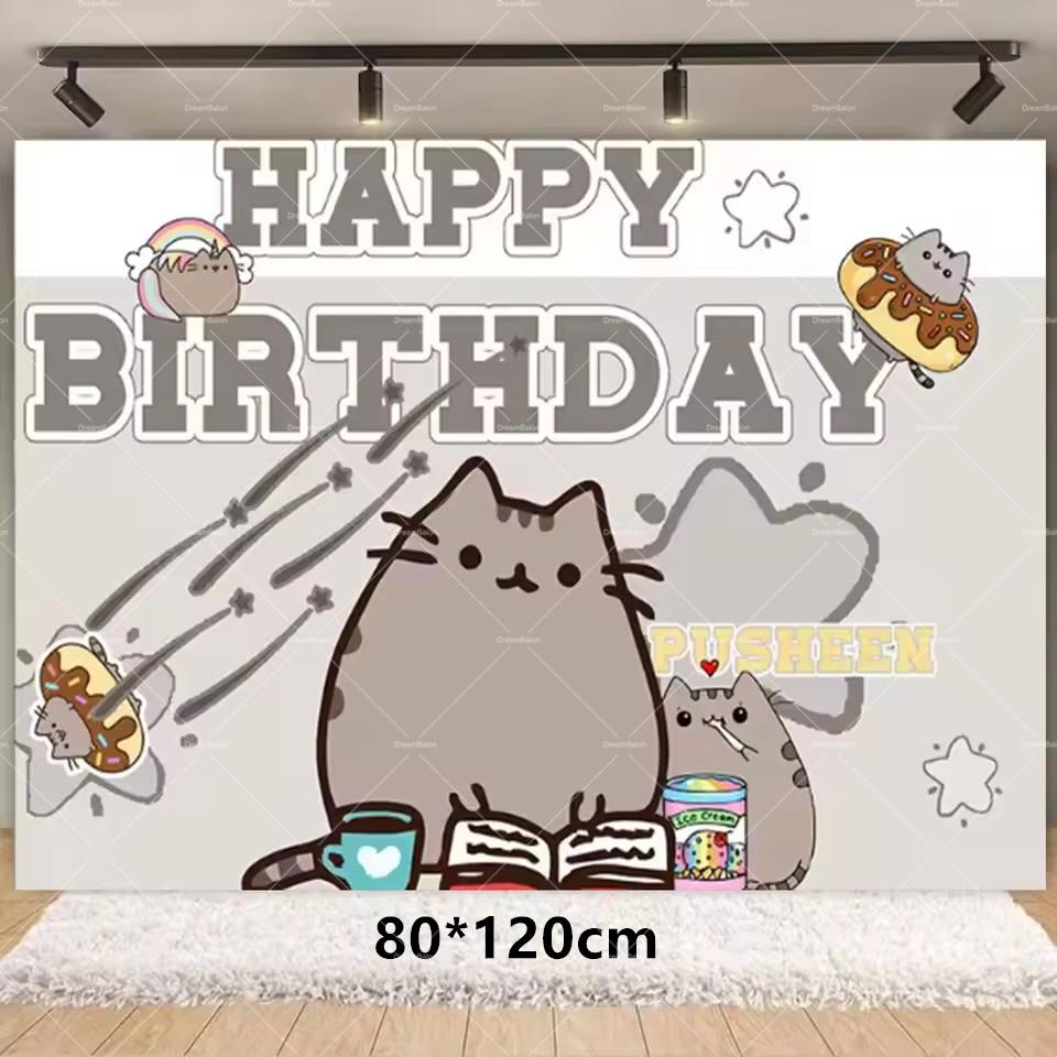 Pusheen Balloons Cartoon Cat Birthday Banner Decoration Party Supplies Backdrop Cake Topper Gift Bag Sticker Spiral Plush Doll