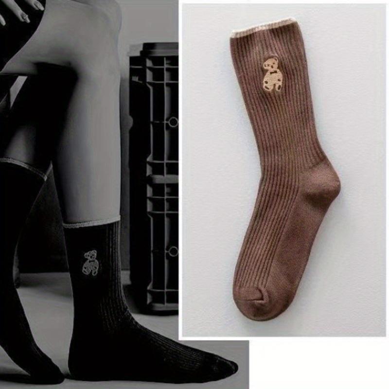 5 пар женских носков до середины икры - Милый мультяшный дизайн с медведем, Мягкий всесезонный комфорт, Кофейно-бежевый полосатый узор, Удобный материал носков