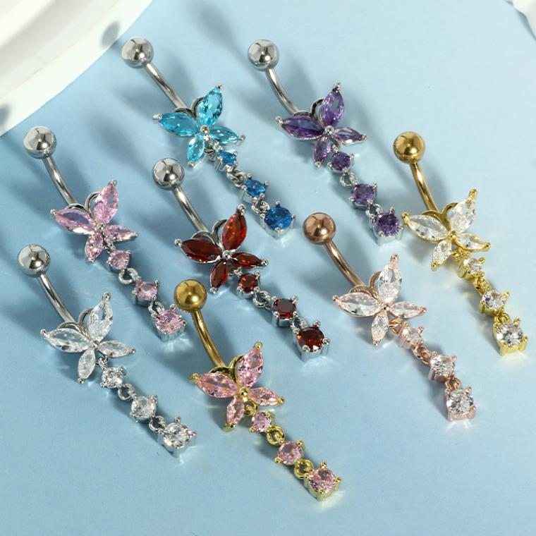 Women's Stainless Steel Sexy Beach Butterfly Zircon Pendant Perforated Belly Rings 10mm Gold Plated Third Party Certified Trendy