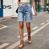 Летние женские джинсовые шорты со средней талией, длиной до колена, эластичные, повседневные, широкие, прямые, потертые, с манжетами, короткие джинсы с карманами