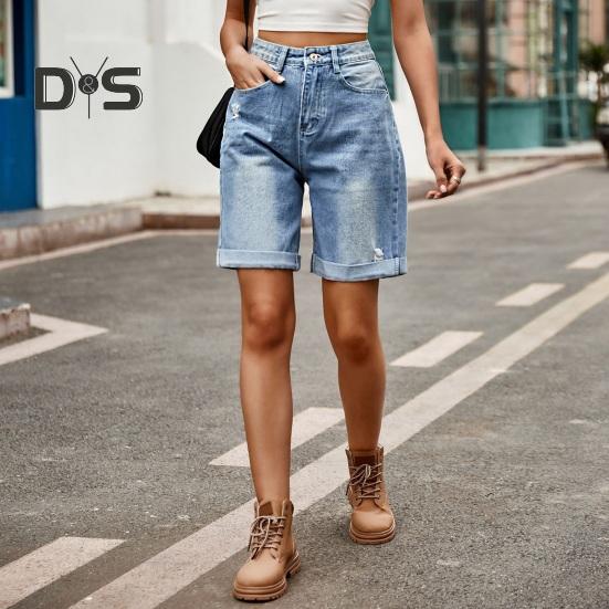 Летние женские джинсовые шорты со средней талией, длиной до колена, эластичные, повседневные, широкие, прямые, потертые, с манжетами, короткие джинсы с карманами