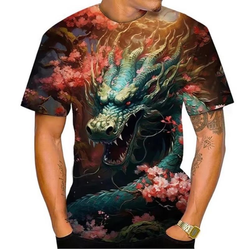 Dragon Floral 3D Print T-Shirts Men Fashion O-Neck Short Sleeve T Shirt Oversized Harajuku Y2k Tops Tees Men Clothing