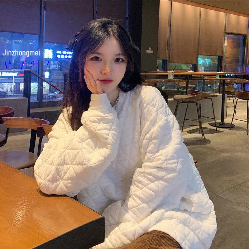 Женский стеганый хлопковый свитшот в корейском стиле - Утепленный, свободного кроя, осенне-зимняя однотонная куртка-топ с пузырчатой воздушной текстурой