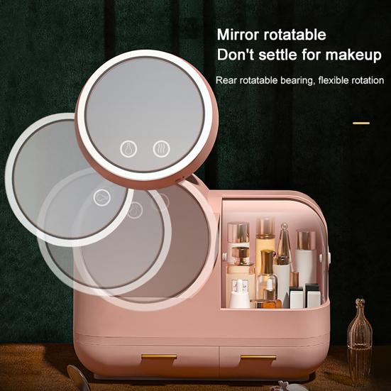Yousheng Dustproof Makeup Storage Box with LED Mirror Large Capacity Multiple Compartments Countertop Makeup Storage Organizer