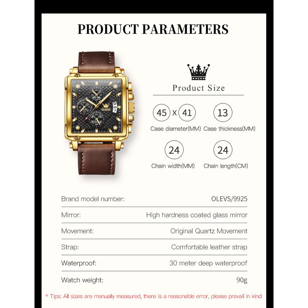 OLEVS 9925 With Gift Box Top Watch Square Multifunction Sports Quartz Watch Luminous Men's Watch