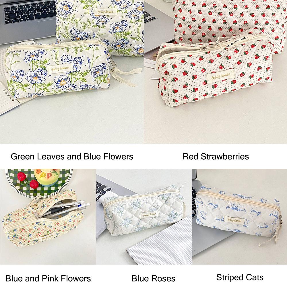 Vintage Fresh Floral Pencil Bags Korean Style Cute Multi-Functional Handbag Student Pencil Cases Stationery Supplies