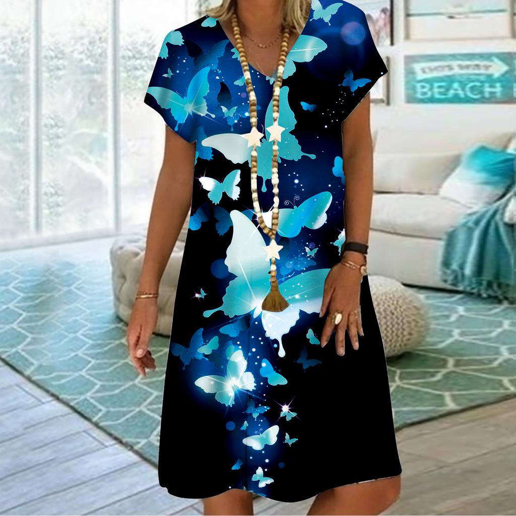 Летнее модное платье с v-образным вырезом, женское платье с коротким рукавом и принтом бабочки и луны, свободное повседневное платье для женщин