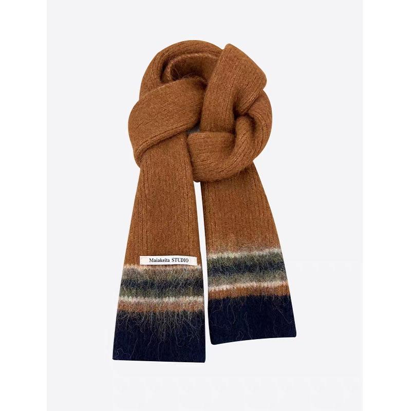 New Korean Style Contrasting Striped Wool Blended Soft Scarf for Women In Autumn and Winter Warm and Versatile Knitted Scarf