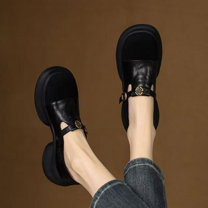 Sponge Cake Platform Leather T-Strap Loafers - High Heels for Women, 2025 Spring/Autumn Collection