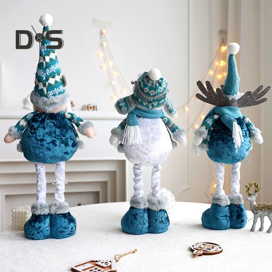 Christmas Doll Ornament Plush Standing Santa Claus Reindeer Snowman Figure with Telescope Leg Blue Gnome Doll Toy for Tree Fireplace Window Table