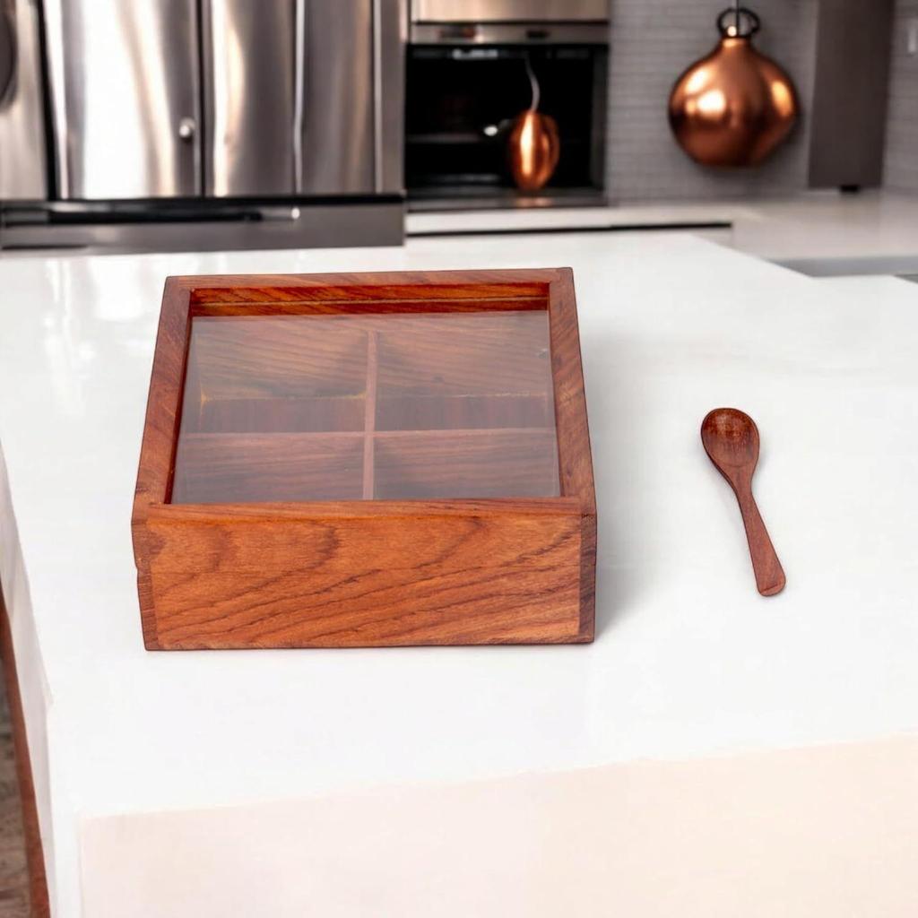 Деревянная коробка для специй с 4 отделениями и ложкой, контейнер для специй для кухни, масала дабба, намакдани для кухни