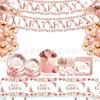 Rose Gold Flower Laser Bronzing Birthday Party Tableware Paper Plate Paper Cup Paper Towel Balloon Set Romantic Birthday