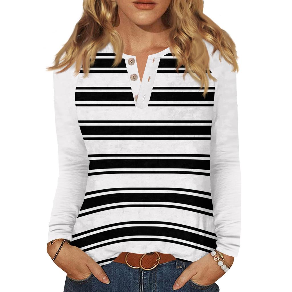 Женская футболка с принтом, на пуговицах, с длинным рукавом, повседневная, для выходных, модная, базовая, с V-образным вырезом, обычный топ