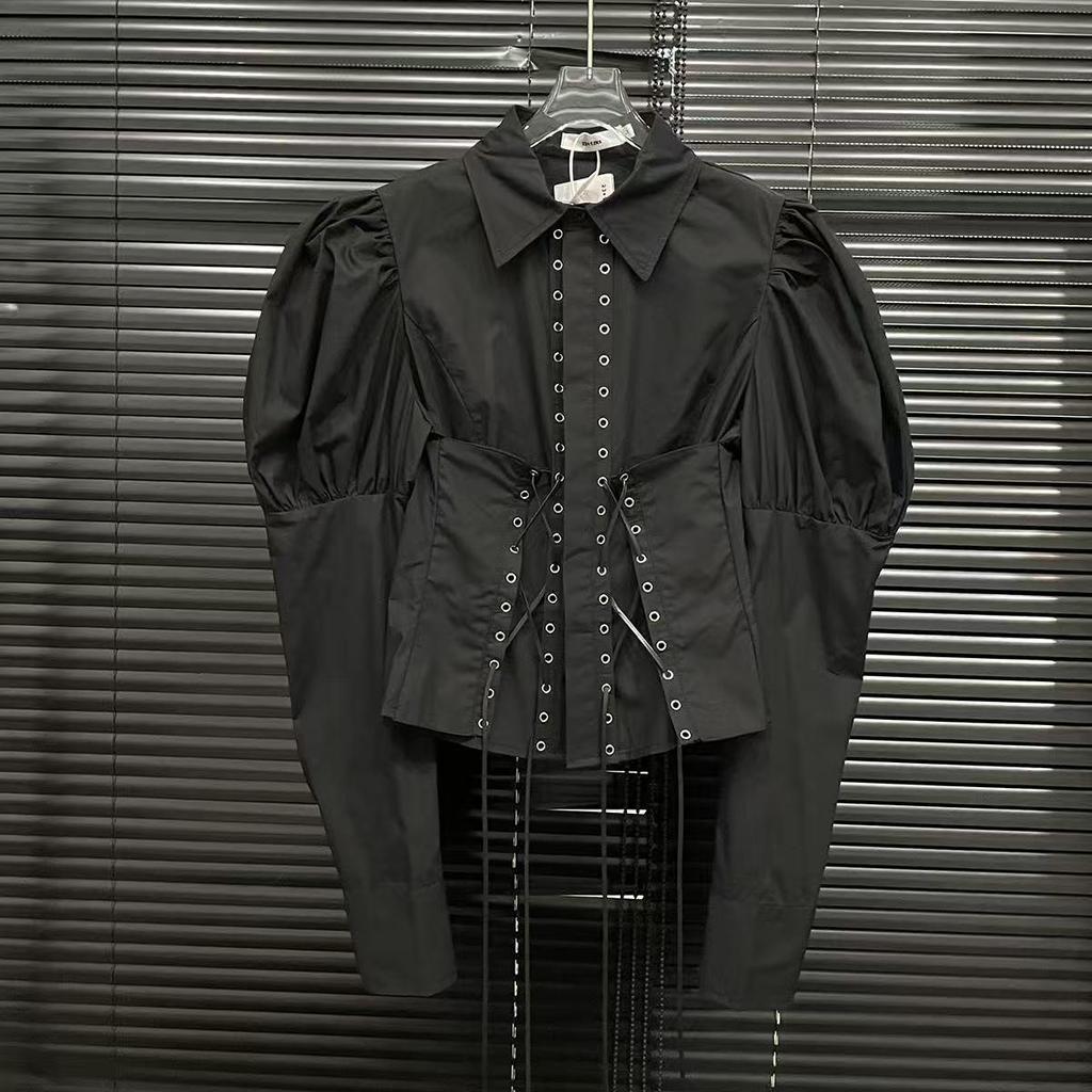 Весна 2025 Рубашка со шнуровкой, рукавами-фонариками и приталенной талией