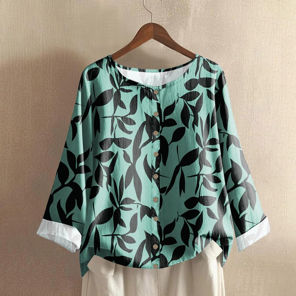 Женский повседневный топ с длинным рукавом и круглым вырезом, из хлопка и льна, с принтом в стиле ретро с градиентом