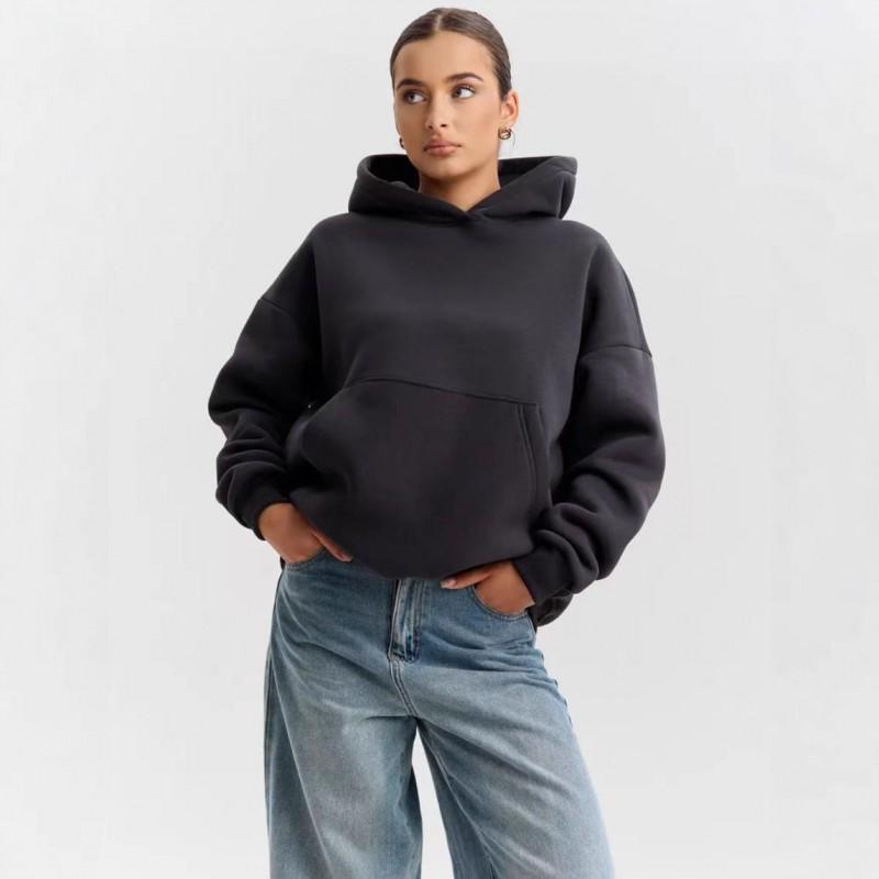 Womens Casual Hooded Sweatshirt Solid Color Loose Fit Long Sleeve Fall Winter Fashion Top