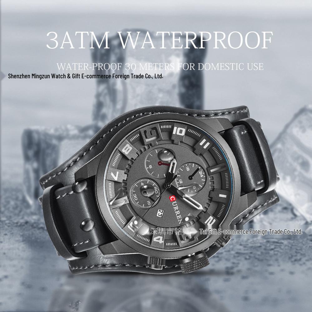 CURREN 8225 Мужские водонепроницаемые кварцевые часы из кожи с функцией календаря