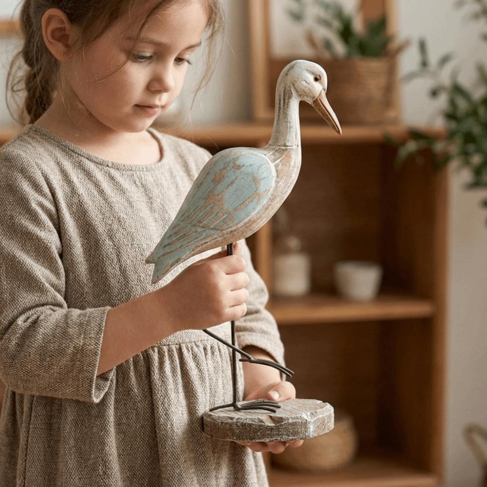 Handcrafted Long-legged Bird Ornament Vintage Wooden Carving Statue  Table Centerpiece