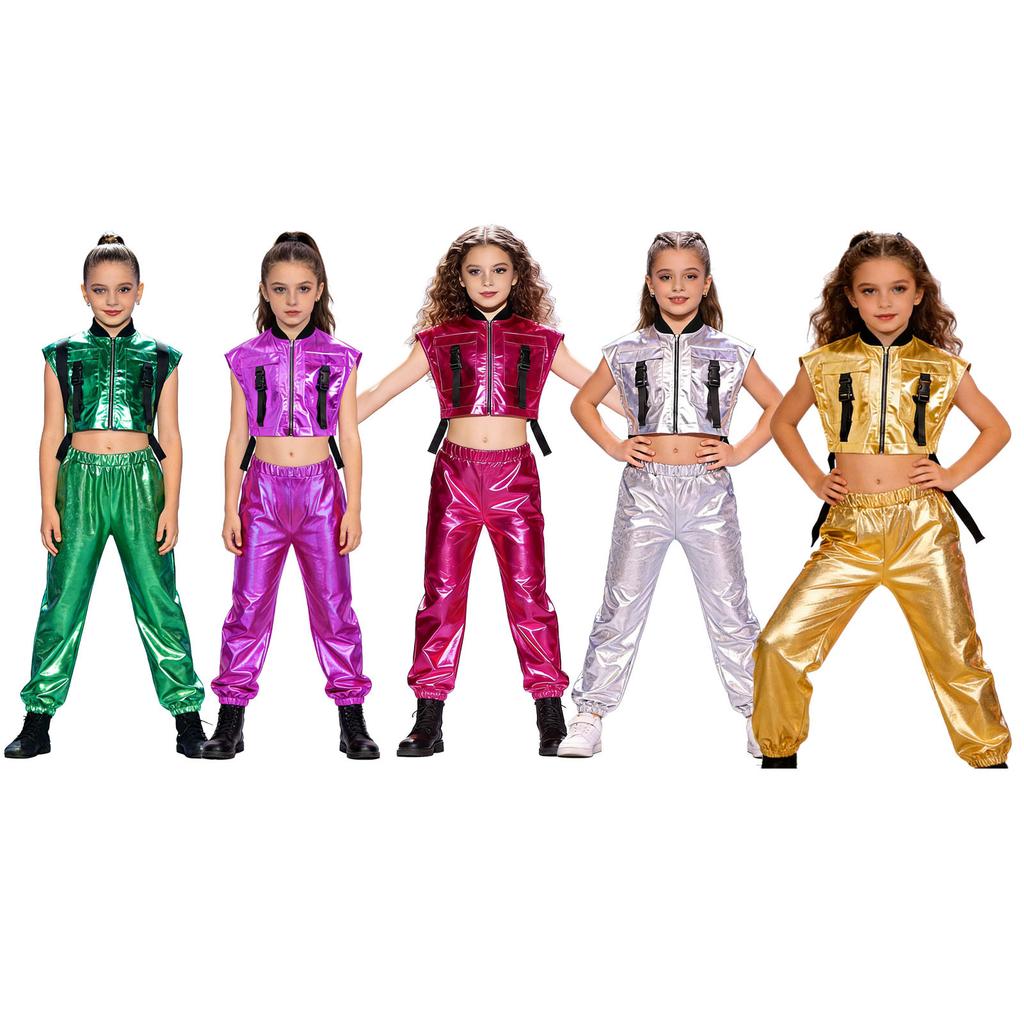 Girls Metallic Vest Jazz Performance Sleeveless Side Zipper Open Shiny Pants Elastic Waistband Dance Set