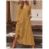 Vintage Boho Womens Maxi Dress Long Sleeve V Neck Button Down Loose Cotton Linen Pocket Dress Fall Winter Robe Femme