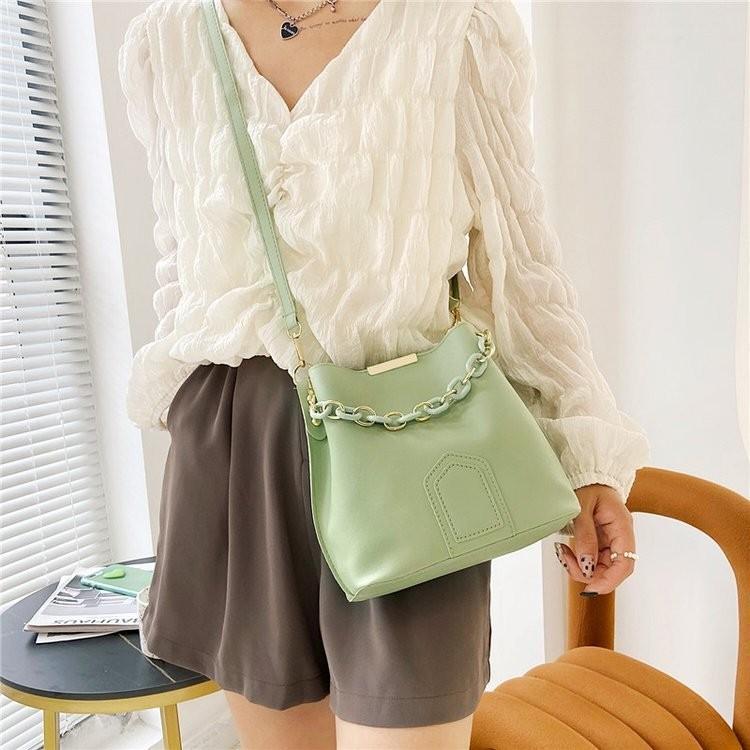 Chic Khaki Green Blue Black Yellow Brown Pu Material Women's Bucket Bag For Spring