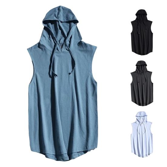 Летний мужской жилет с капюшоном без рукавов, однотонный, быстросохнущий, с завязками, уменьшающий потоотделение, свободный топ для фитнеса, спорта, бега