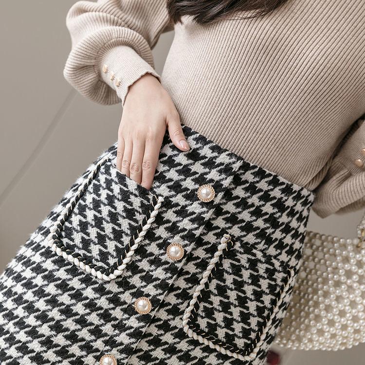 Женская клетчатая роскошная гусиная лапка с жемчугом и пуговицами с разрезом и высокой талией, шерстяная теплая юбка трапециевидной формы, зима-осень-весна, модная сексуальная юбка