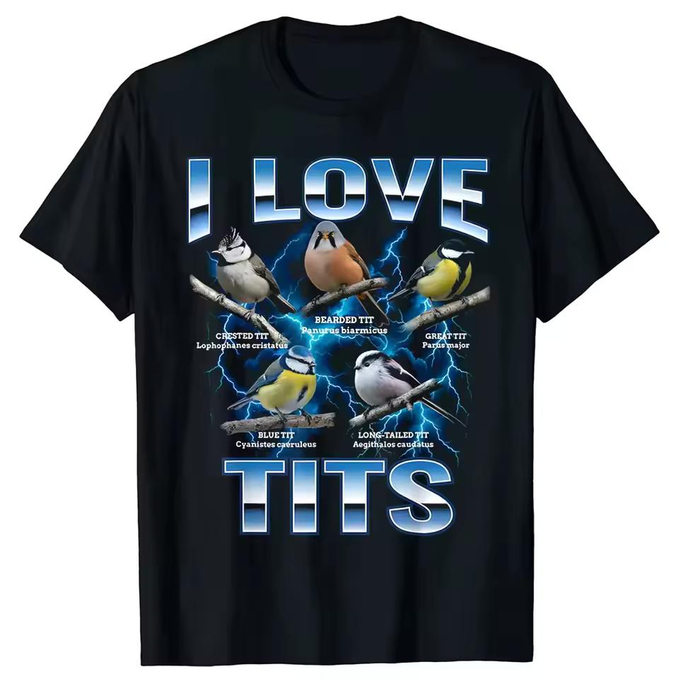 Funny Bird Meme I Love Tits Birdwatching Retro T shirts Men Print T shirt Loose Oversized Streetwear Hip Hop Unisex T shirt