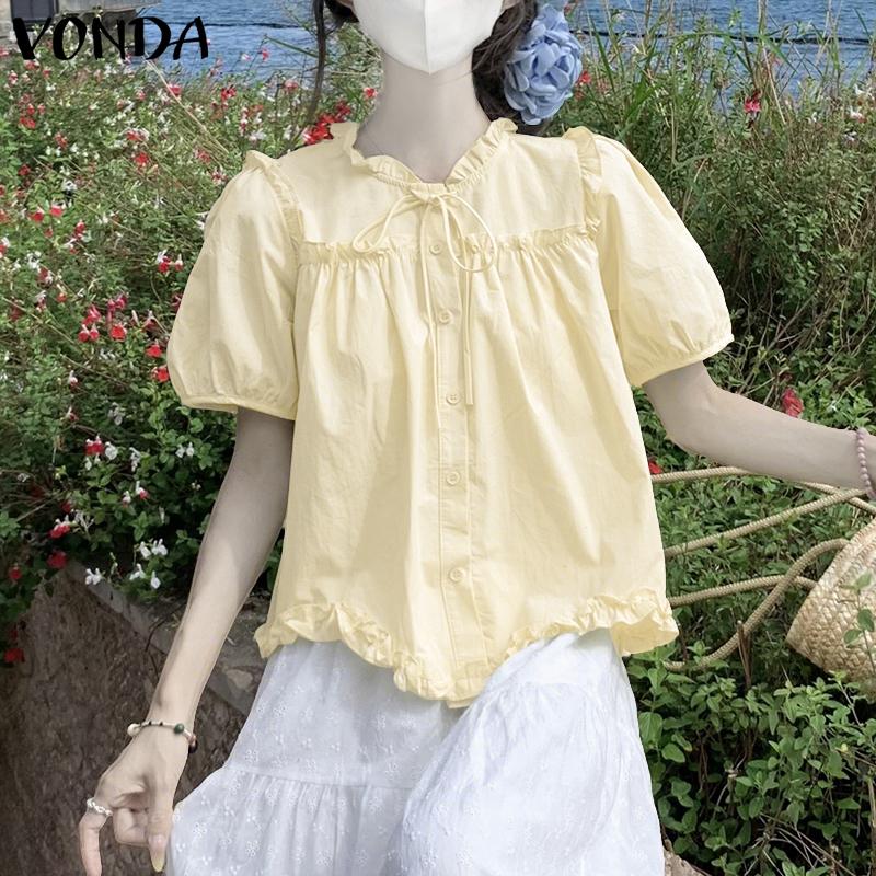 VONDA Women Ruffled Lace-up Neck Short Sleeve Casual Long Blouse