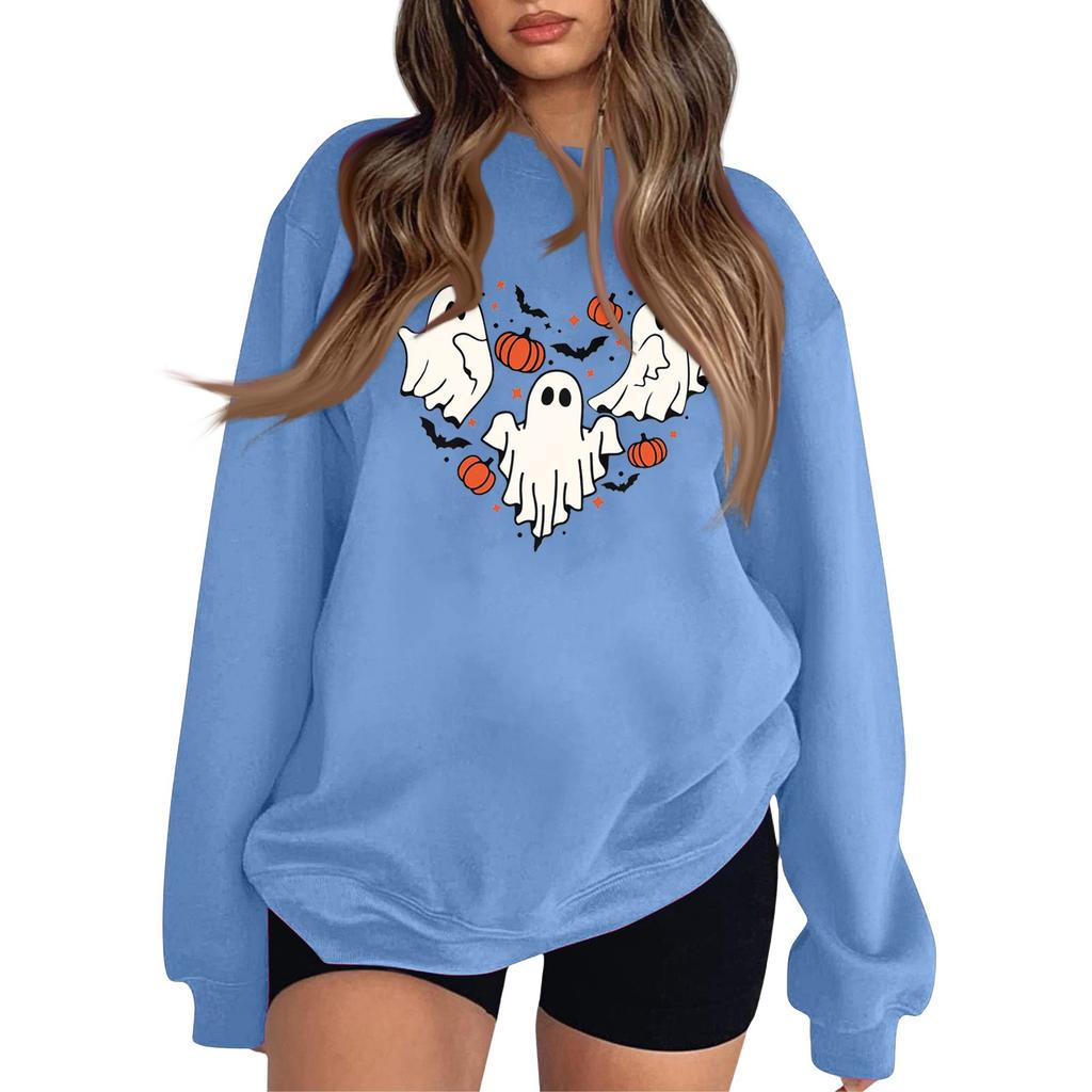 Women's Fashion Round Neck Long Sleeve Hoodie Halloween Small Print Hoodie