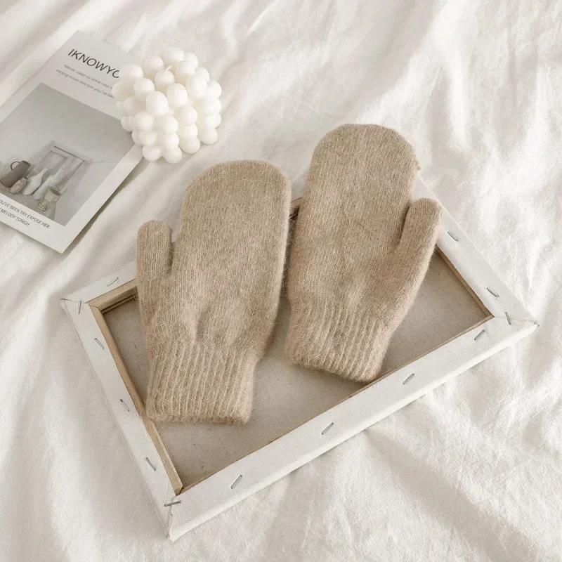 Новые женские зимние теплые перчатки из кашемира, мягкие, с полными пальцами, варежки, перчатки из искусственного меха кролика, вязаные