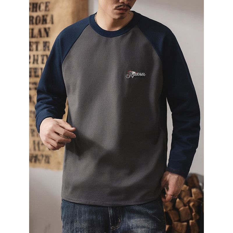 Retro Patchwork Color-Blocking Pure Cotton Embroidered Long-Sleeve T-Shirt for Men, Spring and Autumn Base Shirt, Foreign Trade Men's Clothing