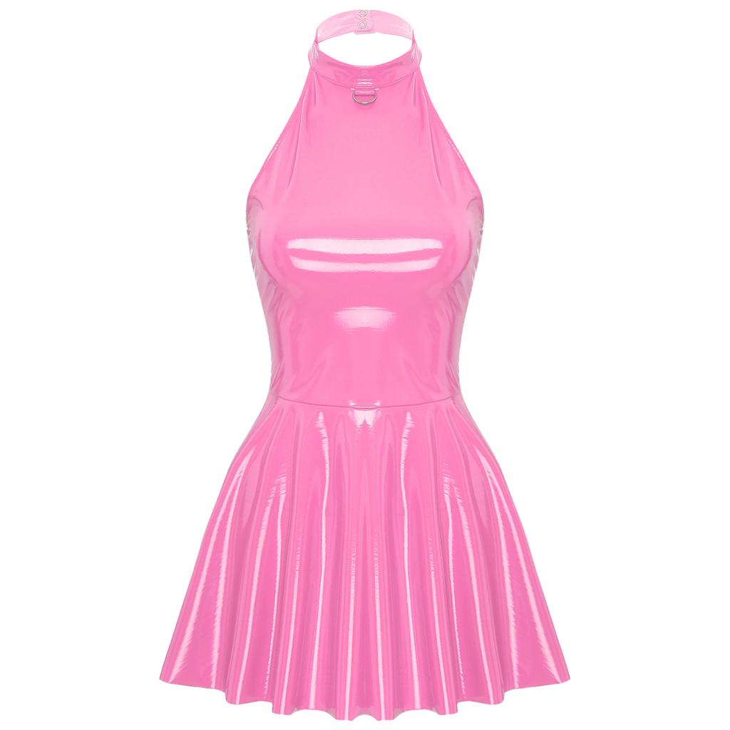 Women Wetlook Patent Leather Dress Tank Latex Shiny Party Mini Dress Clubwear