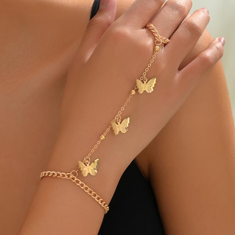 Gold Plated Golden-Plated Butterfly Charm Chain Link Bracelet - Vintage-Inspired Elegant Minimalist Jewelry for Women