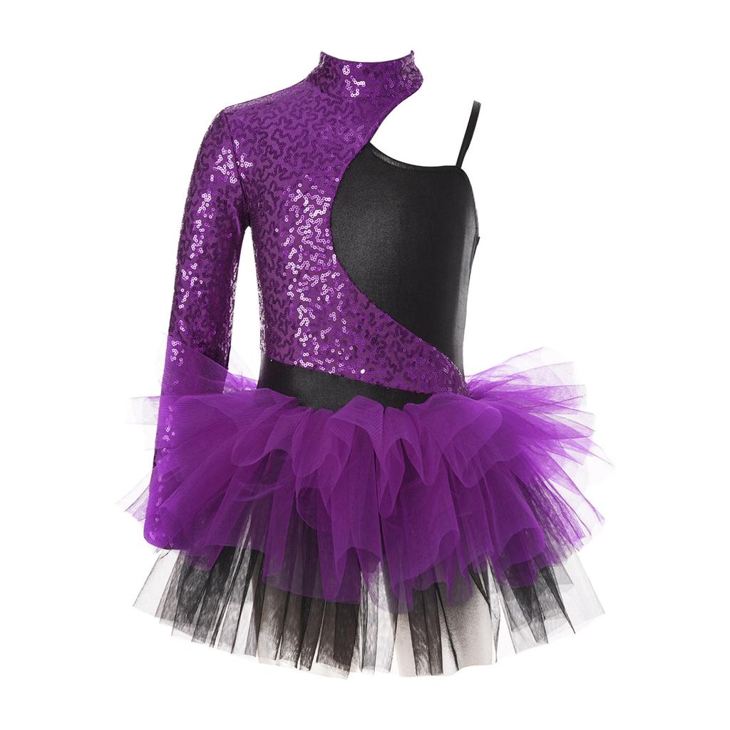 Kids Girls Shiny Sequin Jazz Latin Dance Dress Asymmetrical Sleeves Tulle Party Dress Ballet Dance Leotard Dress