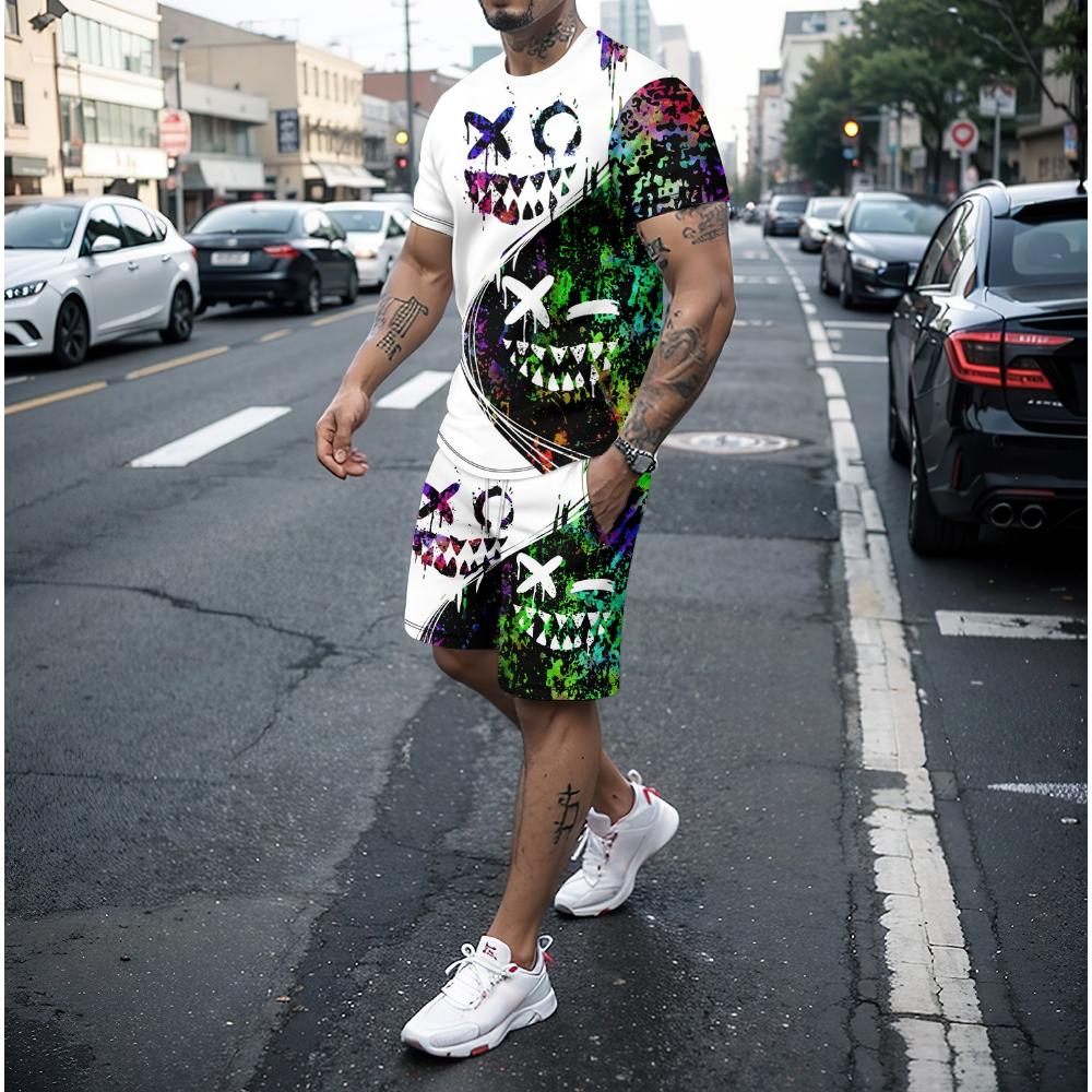 Летний комплект из 2 предметов для мужчин, повседневная уличная спортивная одежда с круглым вырезом и короткими рукавами, с рисунком улыбающегося лица в виде 3D-футболки и шорт